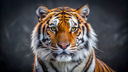 A majestic Siberian tiger, its striped fur glistening in the sunlight, stares intently into the camera, its eyes filled with both power and grace