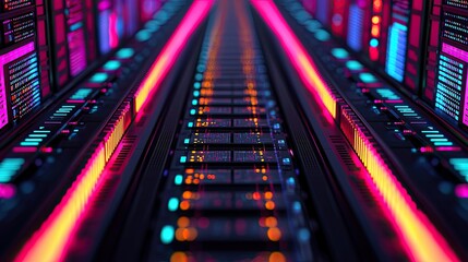 Obraz premium A mesmerizing view of a digital landscape filled with vibrant neon lights, creating a futuristic and high-tech atmosphere.