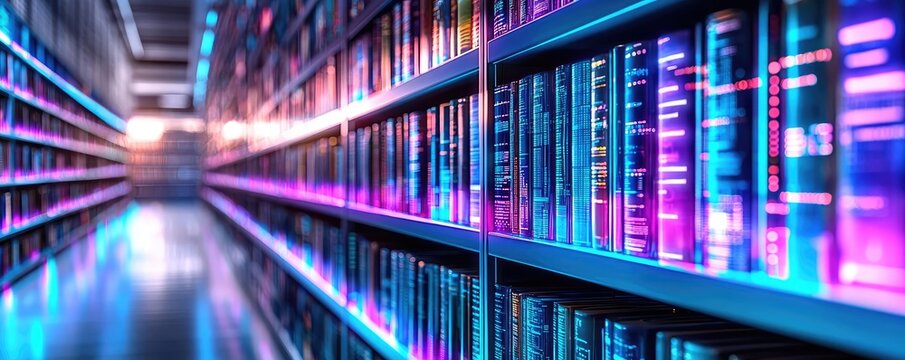 Vibrant library aisle with colorful lights illuminating bookshelves