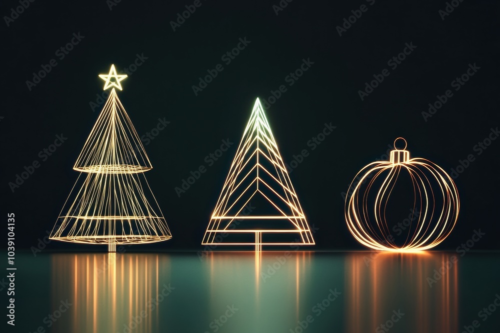Poster Delicate silhouettes of Christmas trees and ornaments are illuminated by glowing lines against a dark backdrop, creating a festive atmosphere. Generative AI