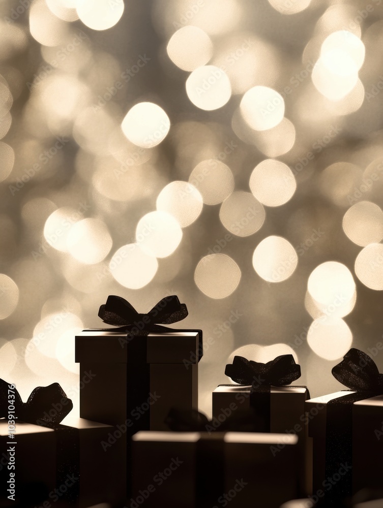 Aufkleber Silhouetted gift boxes adorned with bows stand out against a warm, softly glowing backdrop, creating a festive atmosphere for any occasion. Generative AI