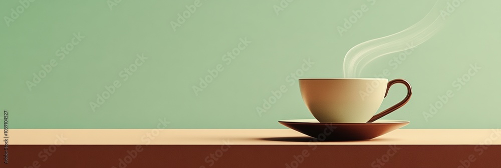 Canvas Prints A white tea cup with curved steam rises gently, resting on a brown saucer atop a minimalist table, evoking a tranquil atmosphere. Generative AI