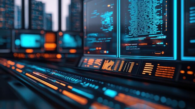 Futuristic control panel with glowing screens and digital interfaces.