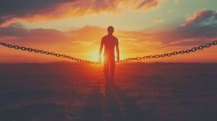 A silhouette of a man standing in a field with chains in front of him as the sun sets in the background.