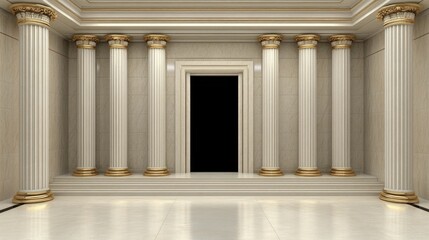 Obraz premium A grand, marble room with a black door and six pillars with gold accents.