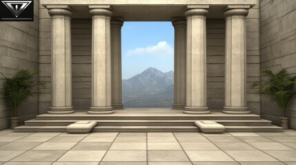 Fototapeta premium A view of a mountain through an open doorway in a classic Greek temple, featuring four columns.