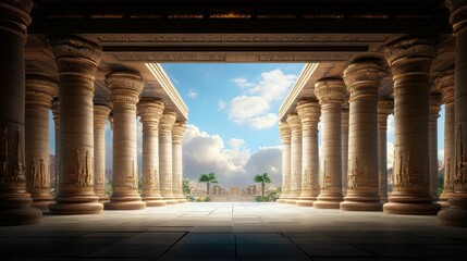 Fototapeta premium A grand, ancient hallway lined with columns, leading to a view of palm trees and blue sky.