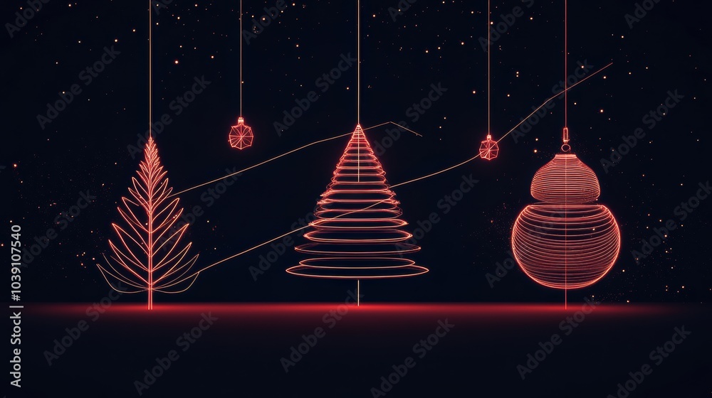 Poster Glowing lines create minimalist silhouettes of Christmas trees and ornaments, adding a festive touch to a dark winter background. Generative AI