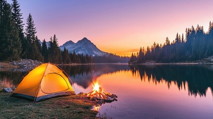 Scenic campsite with a yellow tent and campfire by a tranquil lake at sunset.