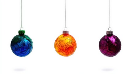 Colorful Christmas ornaments hanging on white isolated background.