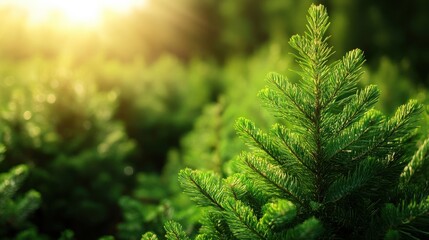 Fototapeta premium Close-up of green pine tree branches in sunlight, natural forest setting.