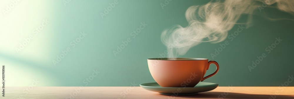 Aufkleber A gently steaming tea cup sits on a delicate saucer, creating a calm atmosphere in a softly lit space during a peaceful afternoon. Generative AI