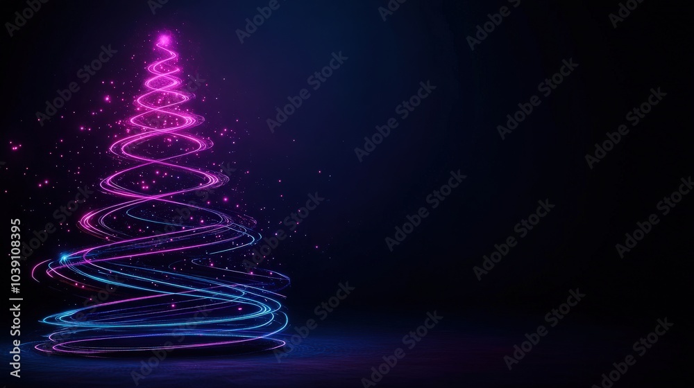 Wall mural Colorful neon Christmas tree on a dark background, vibrant and festive display.