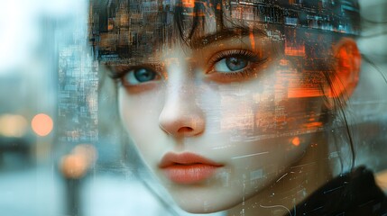 Double exposure of an androgynous person's face reflecting in a modern building's glass, overlay of geometric shapes and city life