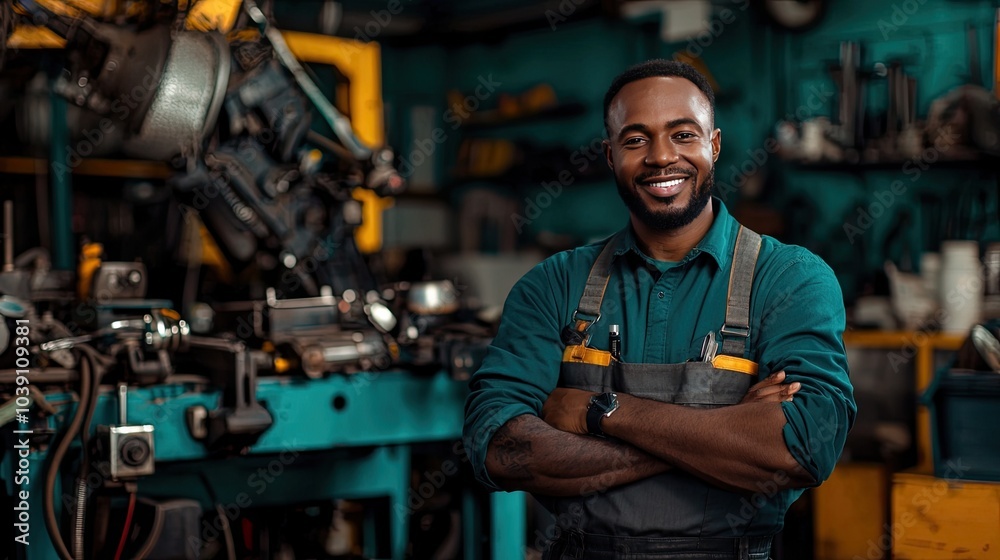 Wall mural confident mechanic smiling in a workshop filled with tools and machinery.