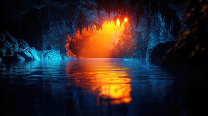 Stunning cave interior with glowing crystals and reflective water surface.