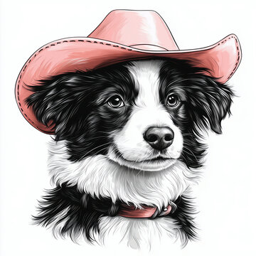 recommend clip art: Smiling border collie puppy wearing a pink cowboy hat portrait drawing illustration
