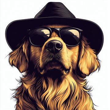 recommend clip art: Portrait illustration of a golden retriever dog wearing black sunglasses and a hat looking forward