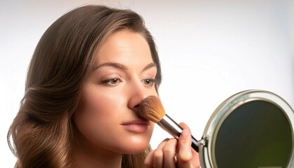 Person applying makeup in front of a mirror, representing beauty, cosmetics, and personal grooming.