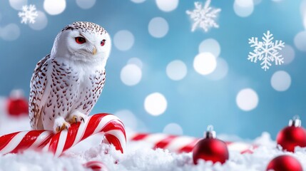 Obraz premium Snowy owl on candy cane with festive background and snowflakes.