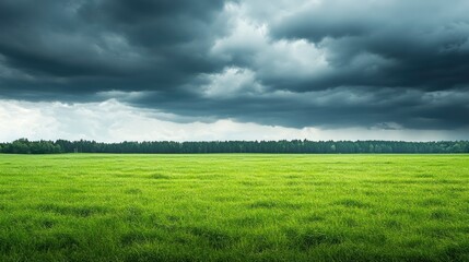 Obraz premium Gloomy Summer Sky Over Lush Green Grass Field Providing Ample Space for Creative Text and Ideas. Generative AI