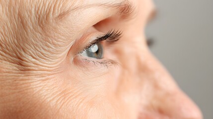 Close-up of older woman's face, showing lifted cheekbones, minimal wrinkles, smooth skin, results of facial exercises and skincare