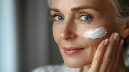 Portrait of a senior woman with flawless, hydrated skin, using anti-aging cream, fewer facial lines, radiant glow, beauty, and health