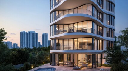 Obraz premium Modern Miami High-Rise Residential Skyscraper With Rounded Architecture and Expansive Windows at Dusk. Generative AI