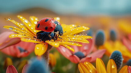 High-quality macro photo of a ladybug on a wildflower, surrounded by a green meadow. Detailed petals, vivid colors.

