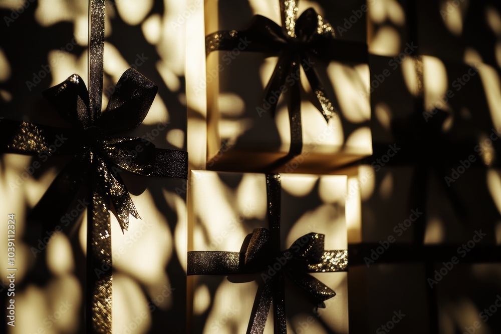 Aufkleber Elegant gift boxes adorned with bows create intricate silhouettes and soft shadows against a bright background, enhancing the festive atmosphere. Generative AI