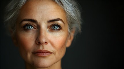 Fototapeta premium Silver-haired elderly woman with wise eyes, gently aging, morphing into a younger version with bright, smooth skin and lively expressions