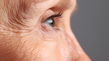 Close-up of older woman's face, showing lifted cheekbones, minimal wrinkles, smooth skin, results of facial exercises and skincare