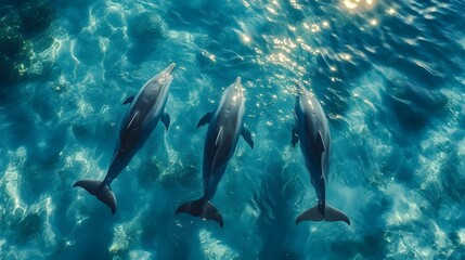 Obraz premium Close-up overhead shot of dolphins swimming in clear blue ocean, their vibrant bodies moving gracefully, reflecting sunlight, Playful, Photorealistic, Bright Blue and Aqua Tones