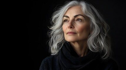 Fototapeta premium Silver-haired senior woman, soft wrinkles, evolving into her youthful form with bright skin and energetic features, representing the passage of time