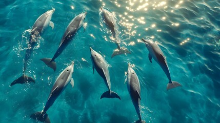 Fototapeta premium Close-up overhead shot of dolphins swimming in clear blue ocean, their vibrant bodies moving gracefully, reflecting sunlight, Playful, Photorealistic, Bright Blue and Aqua Tones