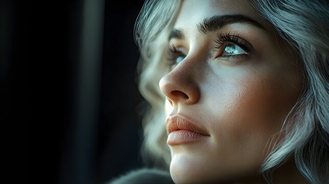 Woman with silver hair and gentle wrinkles, transforming into a vibrant, younger self, smooth skin and glowing eyes, a visual journey of time