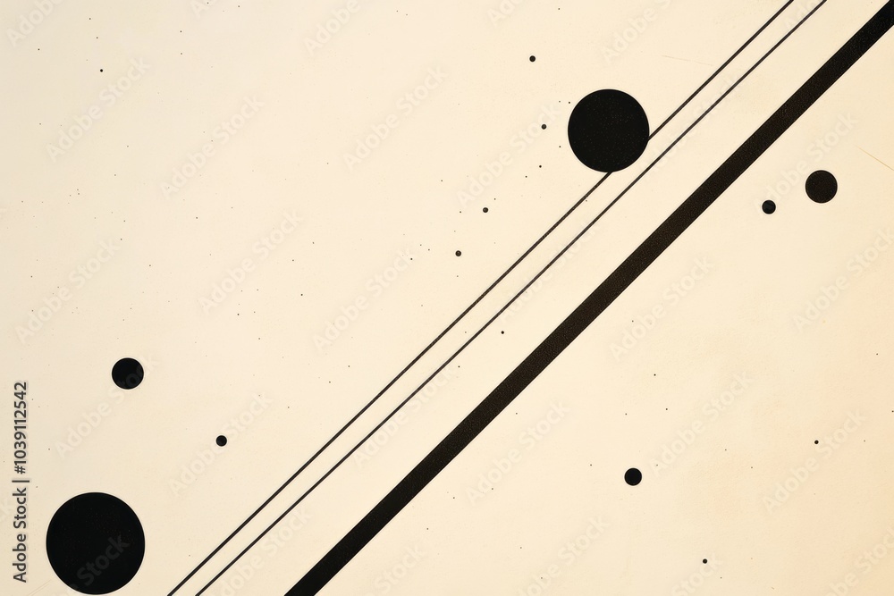 Aufkleber Black diagonal lines intersect with varying-sized circles against a light backdrop, creating a striking minimalistic composition. Generative AI