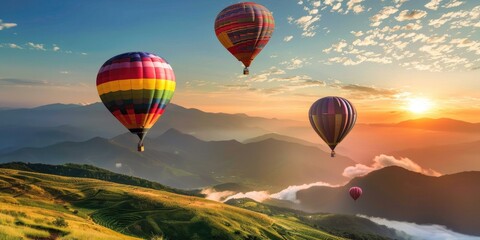 Naklejka premium Colorful hot air balloons soaring over a mountain range at sunrise, with a vibrant sky filled with fluffy clouds.