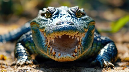 Fototapeta premium A close-up of a crocodile displaying its sharp teeth.