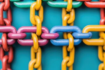 Obraz premium Colorful chains connected against a vibrant blue background, abstract concept.