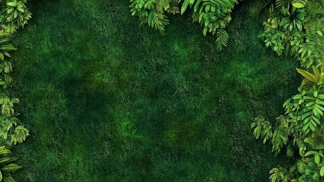 Green leaves frame a lush patch of grass