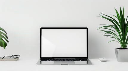 Fototapeta premium Laptop with blank white screen on a minimalistic desk with green potted plants and accessories. Concept of workspace, remote work, and modern design.