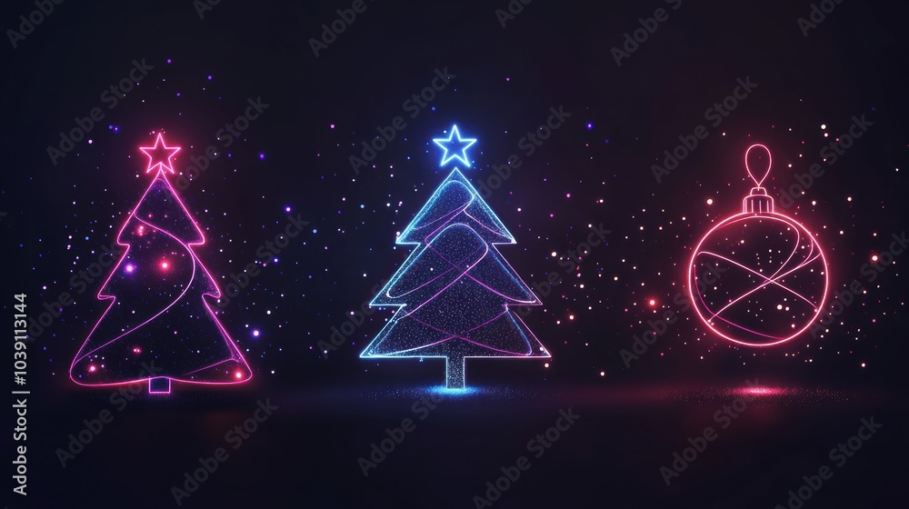 Poster Minimalist silhouettes of Christmas trees and ornaments glow with vibrant lines on a dark backdrop, creating a festive atmosphere. Generative AI