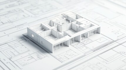 3D architectural model on blueprint background for design purposes.