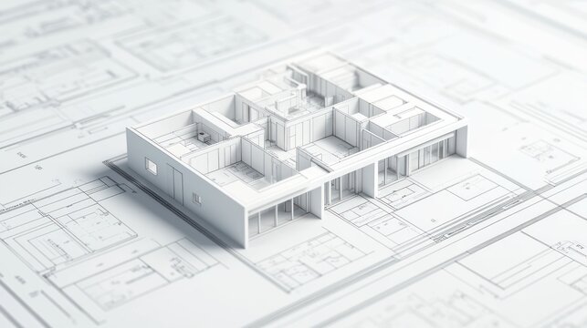 3D architectural model on blueprint background for design purposes.