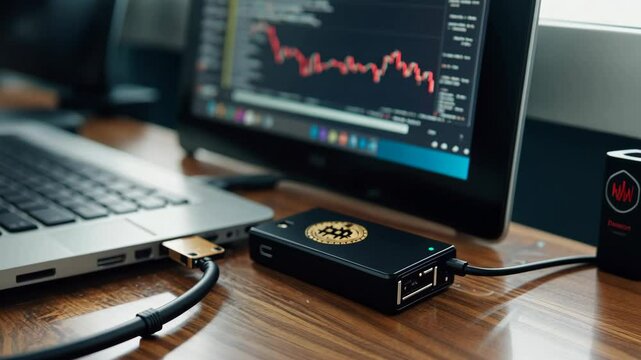 A small black device with a Bitcoin logo is connected to a laptop on a wooden desk