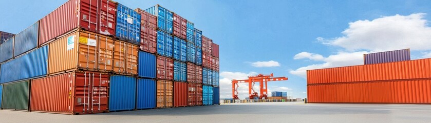 Fototapeta premium Colorful shipping containers stacked at a freight yard under a clear blue sky.