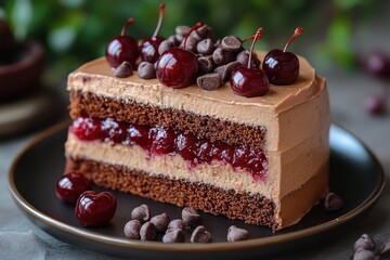 A slice of chocolate cake with cherries and chocolate chips. This image is perfect for illustrating desserts, food, and chocolate.