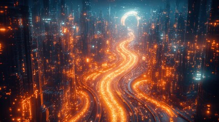 Fototapeta premium Futuristic cityscape with glowing pathways and a luminous portal.