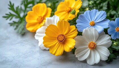 Obraz premium Vibrant yellow, white, and blue flowers. A close-up photo of delicate flowers, ideal for representing beauty, nature, and growth.